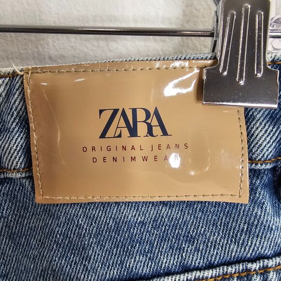 Zara High Waist Medium Wash Extreme Distressing Raw Hem Denim Jean Shorts 4 - Picture 4 of 7